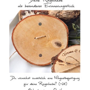 Ringscheibe / Ringkissen aus Holz / Ringträger Baumscheibe für Trauringe Personalisiert / Trockenblumen / Jute / Satinband / Bild 9