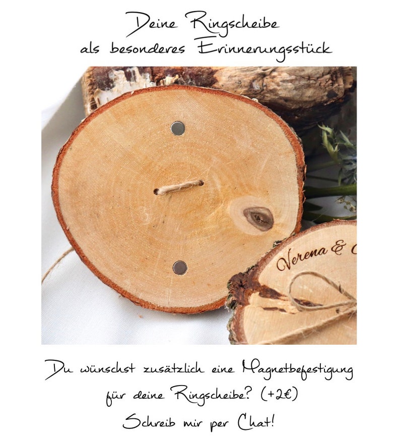 Ringscheibe / Ringkissen aus Holz / Ringträger Baumscheibe für Trauringe Personalisiert / Trockenblumen / Jute / Satinband / Bild 9