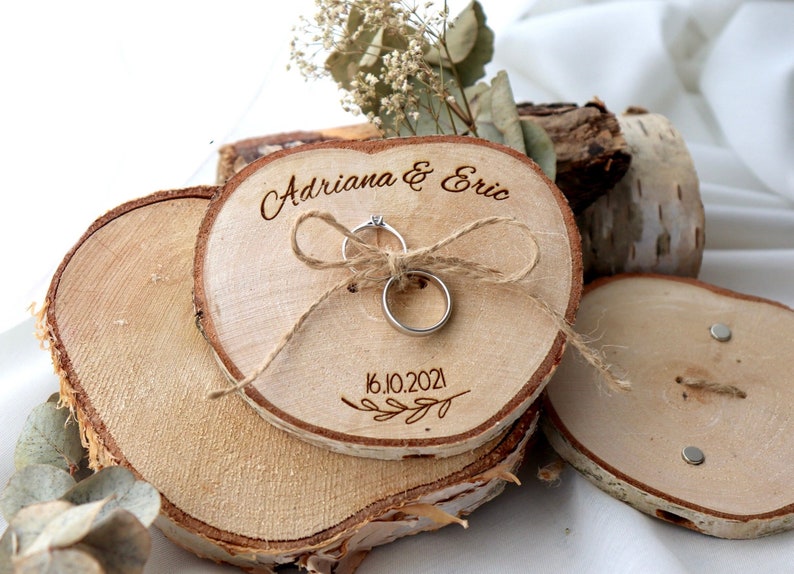 Ring disc / ring pillow made of wood / ring bearer tree disc for wedding rings / rustic wedding / wooden magnet / birch disc / personalised image 1