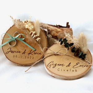 Ring disc / wooden ring cushion / ring bearer tree disc for wedding rings personalized / dried flowers / jute / satin ribbon / image 2