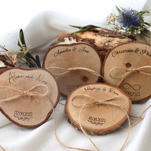 Ringscheibe / Ringkissen aus Holz / Ringträger Baumscheibe für Trauringe / rustikale Hochzeit / Holzmagnet / Birkenscheibe / Personalisiert Bild 4