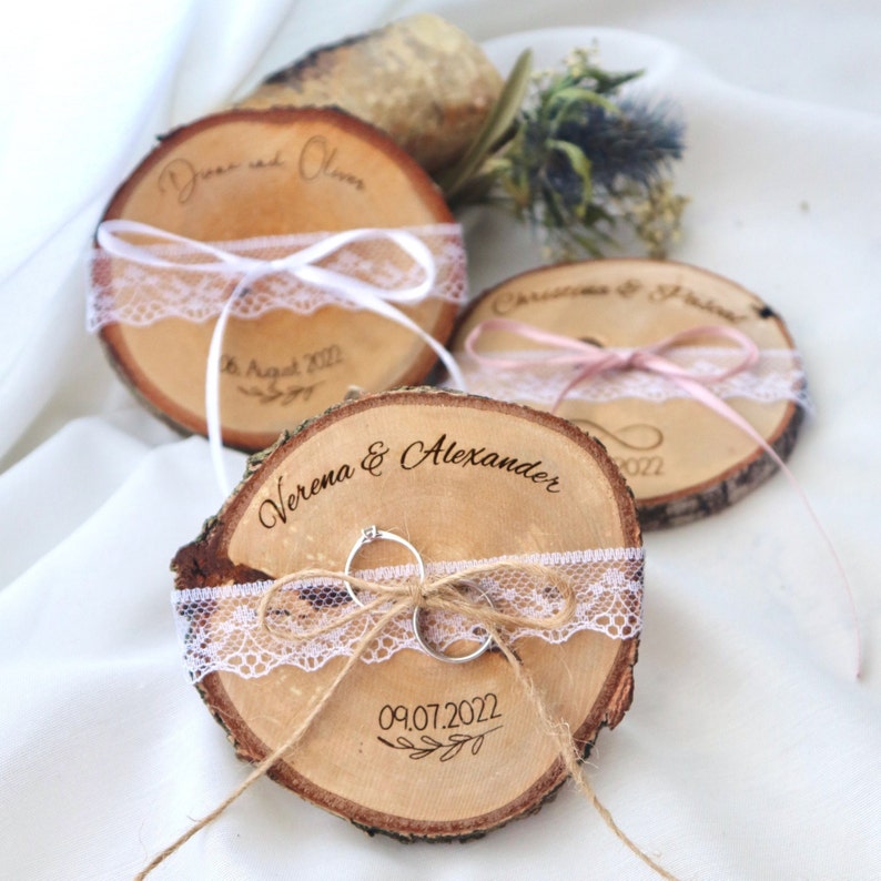 Ring disc / ring pillow made of wood / ring bearer tree disc for wedding rings / birch disc / personalized / lace jute rustic wedding image 4