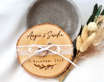 Ringscheibe / Ringkissen aus Holz / Ringträger Baumscheibe für Trauringe / Birkenscheibe / Personalisiert / Spitze Jute - rustikale Hochzeit