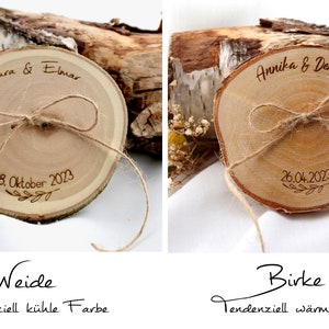 Ringscheibe / Ringkissen aus Holz / Ringträger Baumscheibe für Trauringe / rustikale Hochzeit / Holzmagnet / Birkenscheibe / Personalisiert Bild 2