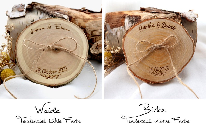 Ringscheibe / Ringkissen aus Holz / Ringträger Baumscheibe für Trauringe / rustikale Hochzeit / Holzmagnet / Birkenscheibe / Personalisiert Bild 2