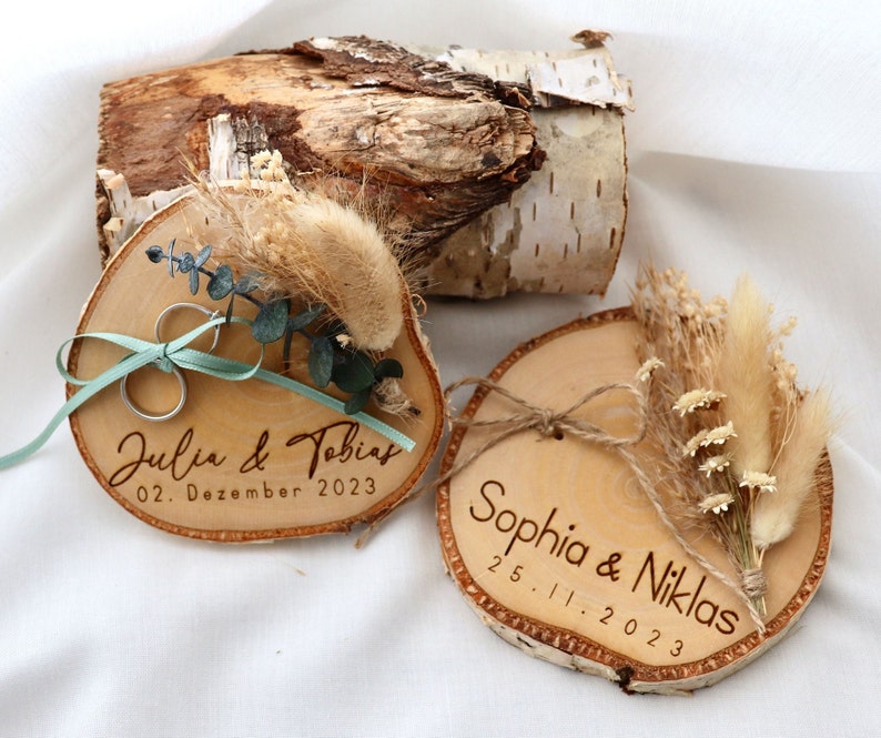 Ring disc / wooden ring cushion / ring bearer tree disc for wedding rings personalized / dried flowers / jute / satin ribbon / image 1