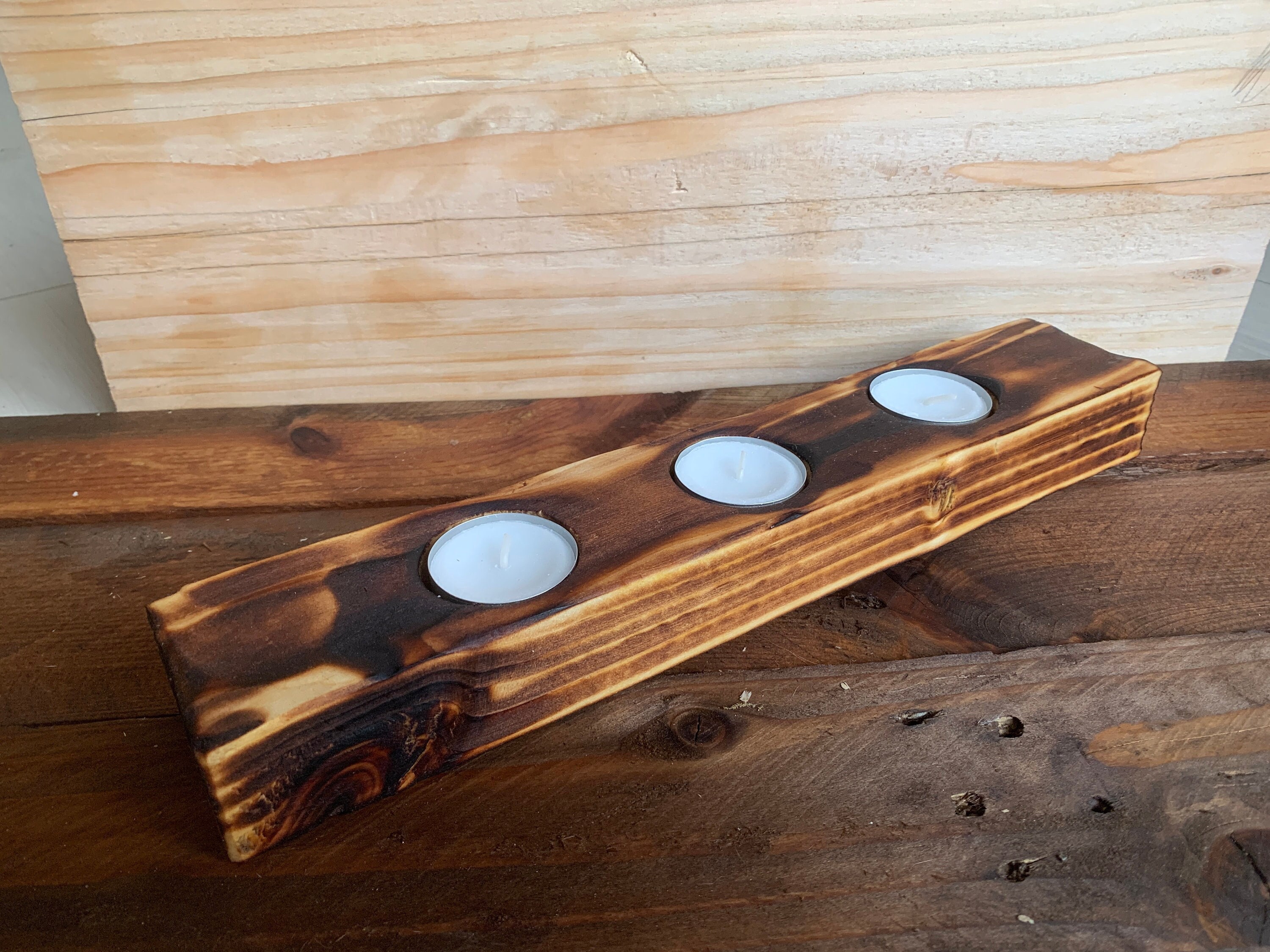 Bougeoir en Bois Style Brut et Vintage Pour 3 Bougies Chauffe Plat