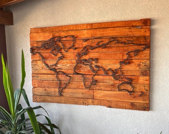 World Map with Screws / Completely Handmade / Reclaimed Wood / String Art / Wooden World Map / Rustic Home Decor / Wood Wall Art