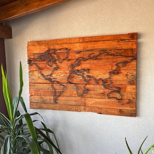 Wooden Pallet World Map | Industrial Nail Art | Handmade Wall Decor