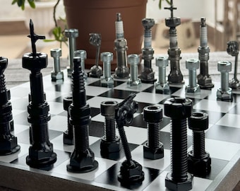 Bougie-schaakset | Echte motoronderdelen voor auto's | Industrieel schaakbord