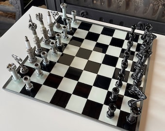 Chess Set from Bolts and Nuts with Glass Game Board / Real Car Engine Parts / Completely handmade !!