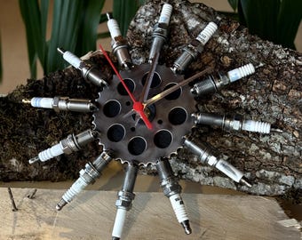 「希少/大型」木製プロペラ&3気筒エンジン風壁掛オブジェインテリア スパークプラグ壁掛け時計 | 本物の車のエンジンパーツ
