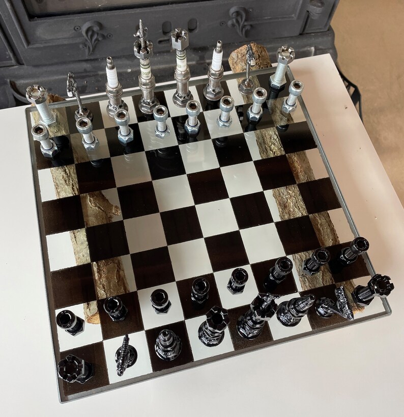 Chess Set From Bolts and Nuts With Glass Game Board / Real Car Engine ...