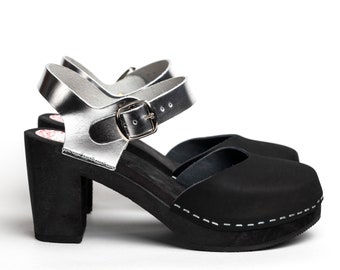 Lund black silver clog sandal, black sole