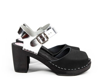 Stockholm black silver clog sandal, black sole
