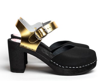 Lund black gold clog sandal, black sole