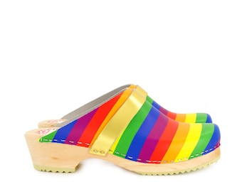 Rainbow Clogs with Gold Strap: Handmade Swedish Wooden Shoes