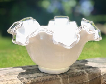 Vintage Fenton Silver Crest Milk Glass Candy Nut Bowl Dish with Ruffled Top.