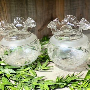 Antique Vianne Glass Globe with Satin Etching of Bows & Wreaths and Flared Ruffle Top.  6 1/2&quot; Height.  Rarely Found Set of 2.