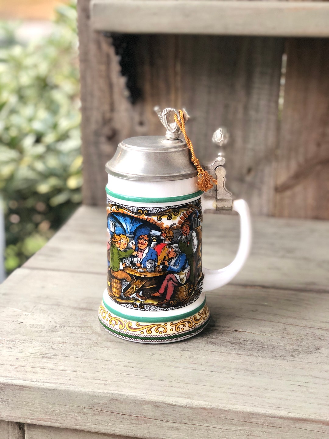 Vintage BMF Milk Glass Beer Stein, Pewter Lid Music Horn, 1960s - Etsy