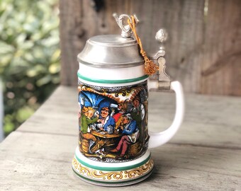 rare chope à bière XIX allemande avec couvercle en étain