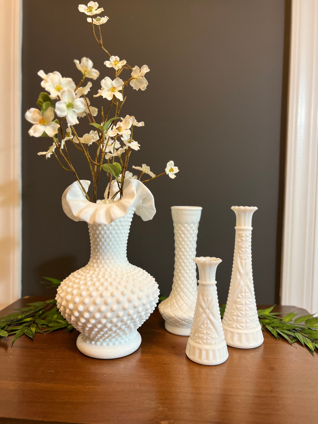 Vintage Milk Glass Vases Set of Four. Fenton Hobnail Milk Glass Large