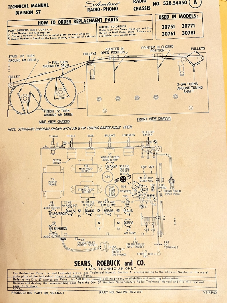 Vintage Sears Silvertone Stereo Radio Parts Innards of Cabinet. Manual