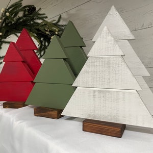 Wood Christmas Tree Set of 2, Holiday Decor, Painted Rustic Farmhouse Pine Tree for Tabletop or Mantle