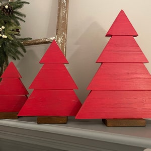 Wood Christmas Tree Set of 3, Holiday Decor, Painted Rustic Farmhouse Pine Tree for Tabletop or Mantle