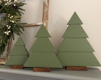 Wood Christmas Tree Set of 3, Holiday Decor, Painted Rustic Farmhouse Pine Tree for Tabletop or Mantle