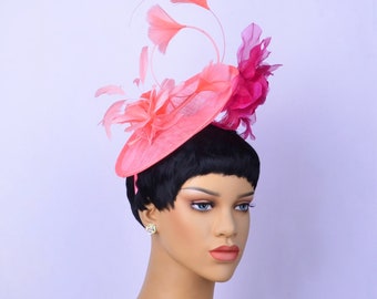 New coral sinamay fascinator with feathers/fuchsia silk flower,Party Hat,Church Hat,Melbourne cup,Kentucky Derby,Fancy Hat,wedding hat.