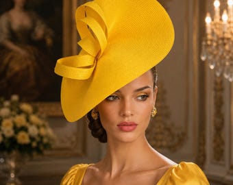 May include: A bright yellow fascinator hat featuring a wide, curved brim and a series of layered, looped ribbons on one side. The hat is constructed from a textured, woven material and is worn at an angle, creating a bold, sculptural silhouette.