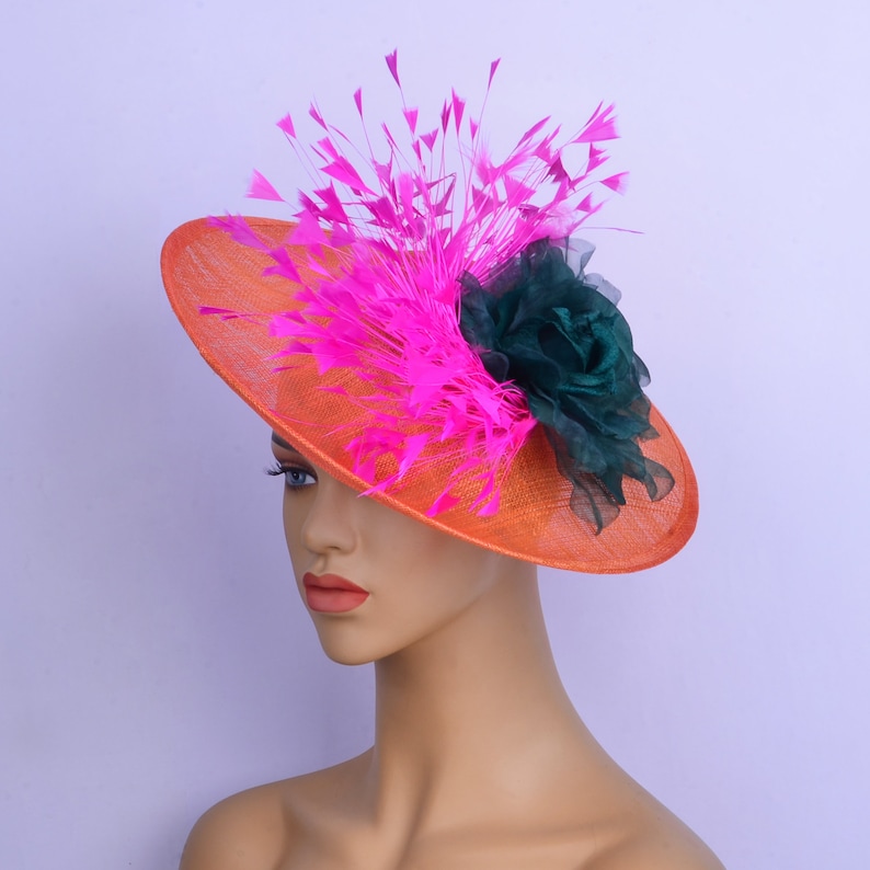 New Orange Sinamay Fascinator With Fuchsia Feathers/silk Flower,party