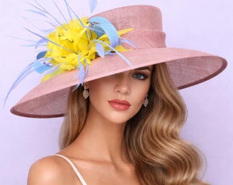 Blush Pink Sinamay Kentucky Derby Hat: Feather & Straw Church Hat
