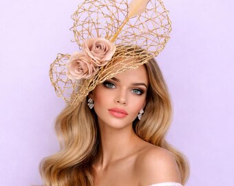 Handmade Linen Derby Fascinator Hat with Feathers for Weddings Tea Parties Women main image 2