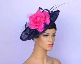 Navy blue sinamay fascinator with fuchsia silk flower,Party Hat,Church Hat,Melbourne cup,Kentucky Derby,Fancy Hat,wedding hat,tea party hat.