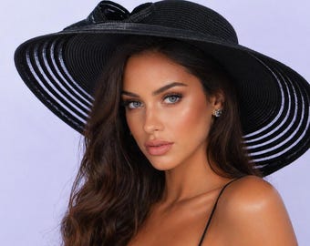 Black Wide Brim Straw Hat – Elegant Tea Party & Derby Occasion Hat