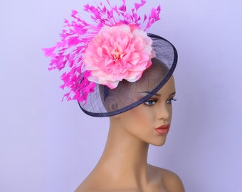 New navy blue/fuchsia sinamay fascinator with feathers/silk flower,Party Hat,Church Hat,Melbourne cup,Kentucky Derby,Fancy Hat,wedding hat.