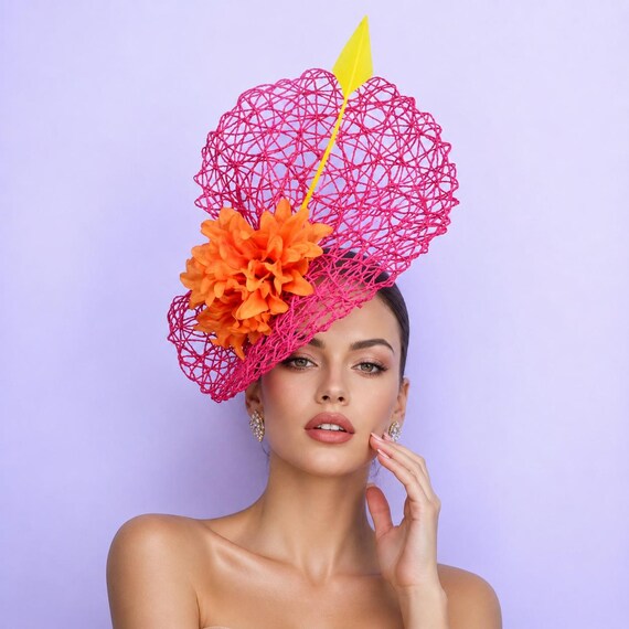 Fuchsia Kentucky Derby Hat: Feather & Silk Flower Fascinator  display picture 3