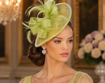 Lime Green Sinamay Fascinator: Feathers Party Hat