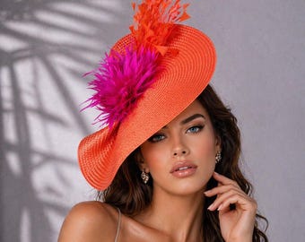 Orange Peony Feather Fascinator Orange Peach Cream Pink Feather Flower Hat Hair Fascinator  main image 3