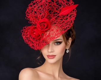 Red Kentucky Derby Fascinator Hat for Women – Straw & Feather Tea Party Headband