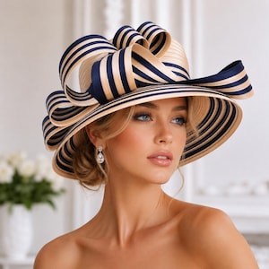 Navy & Champagne Satin Kentucky Derby Hat – Elegant Ribbon Church,Wedding Hat