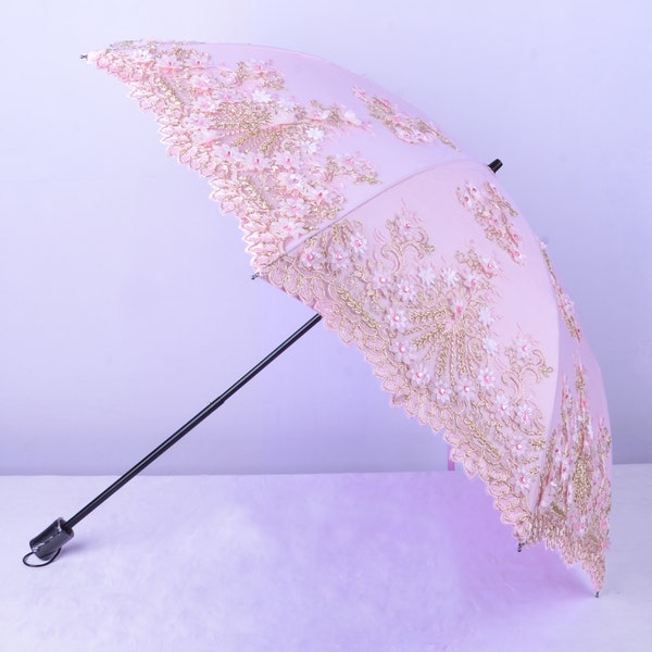 Parasol rose de fleurs exquises, protection UV, mariage, douche nuptiale, cadeaux d'anniversaire, cocktail, décoration de mariage, parapluie de broderie.