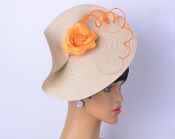 New beige/orange kentucky derby hat,tea party hat,party,Church Hat,Melbourne cup,luncheon fascinator Hat,wedding fascinator hat.