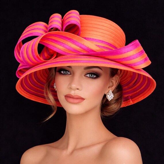 Orange and Fuchsia Satin Kentucky Derby Fascinator – Ribbon  display picture 3