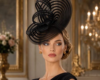 May include: A black fascinator hat featuring a large, sculptural design made of layered, sheer, circular mesh ribbons. The headpiece is constructed with multiple concentric loops that create a voluminous, architectural shape worn on the side of the head.