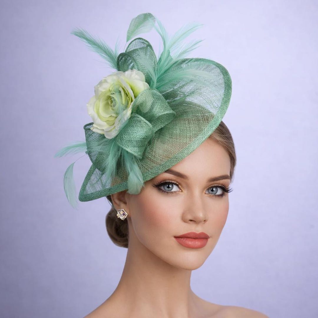 C.C Exclusives Lime Green Sinamay Cloche Hat Floral Feather Church Wedding Derby Women main image 2