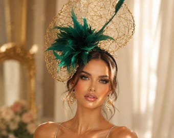 Gold & Green Kentucky Derby Fascinator: Green Feather Tea Party Hat