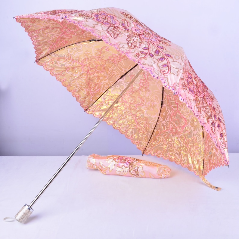 Pink embroidery Parasol,tea party,Wedding,Bridal Shower,Anniversary gifts,Cocktail Party,Wedding Decoration,gift,Embroidery umbrella. image 2